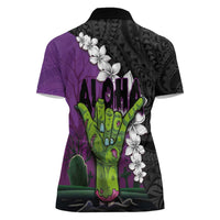 Hawaiian Halloween Women Polo Shirt Horror Shaka Hand with Plumeria and Polynesian Tattoo Midnight Color LT03 - Polynesian Pride