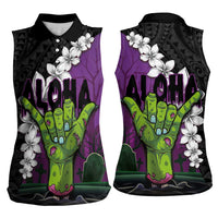 Hawaiian Halloween Women Sleeveless Polo Shirt Horror Shaka Hand with Plumeria and Polynesian Tattoo Midnight Color