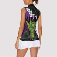 Hawaiian Halloween Women Sleeveless Polo Shirt Horror Shaka Hand with Plumeria and Polynesian Tattoo Midnight Color