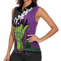 Hawaiian Halloween Women Sleeveless Polo Shirt Horror Shaka Hand with Plumeria and Polynesian Tattoo Midnight Color