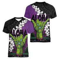 Hawaiian Halloween Women V-Neck T-Shirt Horror Shaka Hand with Plumeria and Polynesian Tattoo Midnight Color