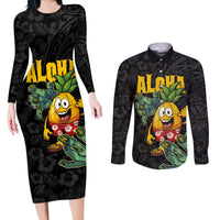 Hawaiian Halloween Couples Matching Long Sleeve Bodycon Dress and Long Sleeve Button Shirt Aloha Pinapple with Mysterious Hands and Polynesian Tribal Tattoo LT03 Black - Polynesian Pride