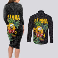 Hawaiian Halloween Couples Matching Long Sleeve Bodycon Dress and Long Sleeve Button Shirt Aloha Pinapple with Mysterious Hands and Polynesian Tribal Tattoo LT03 - Polynesian Pride