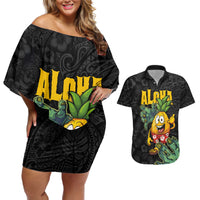 Hawaiian Halloween Couples Matching Off Shoulder Short Dress and Hawaiian Shirt Aloha Pinapple with Mysterious Hands and Polynesian Tribal Tattoo LT03 Black - Polynesian Pride