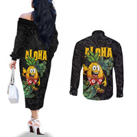 Hawaiian Halloween Couples Matching Off The Shoulder Long Sleeve Dress and Long Sleeve Button Shirt Aloha Pinapple with Mysterious Hands and Polynesian Tribal Tattoo LT03 - Polynesian Pride