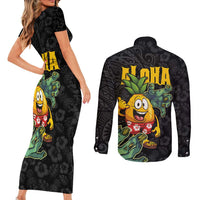 Hawaiian Halloween Couples Matching Short Sleeve Bodycon Dress and Long Sleeve Button Shirt Aloha Pinapple with Mysterious Hands and Polynesian Tribal Tattoo LT03 - Polynesian Pride