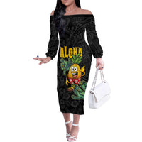 Hawaiian Halloween Family Matching Off The Shoulder Long Sleeve Dress and Hawaiian Shirt Aloha Pinapple with Mysterious Hands and Polynesian Tribal Tattoo LT03 Mom's Dress Black - Polynesian Pride