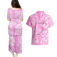 Hawaii Kauai Island Couples Matching Puletasi Dress and Hawaiian Shirt Hibiscus Pattern Seamless Tribal Simple Pink LT03 - Polynesian Pride