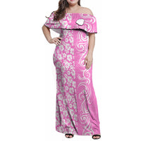 Hawaii Kauai Island Family Matching Off Shoulder Maxi Dress and Hawaiian Shirt Hibiscus Pattern Seamless Tribal Simple Pink LT03 Mom's Dress Pink - Polynesian Pride