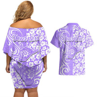 Custom Hawaii Kauai Island Couples Matching Off Shoulder Short Dress and Hawaiian Shirt Hibiscus Pattern Seamless Tribal Simple Purple LT03 - Polynesian Pride