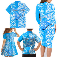 Custom Hawaii Kauai Island Family Matching Long Sleeve Bodycon Dress and Hawaiian Shirt Hibiscus Pattern Seamless Tribal Simple Blue LT03 - Polynesian Pride