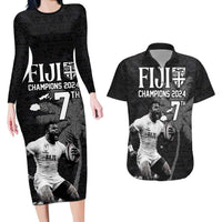 Custom Fiji Rugby Pacific Champions 2024 Couples Matching Long Sleeve Bodycon Dress and Hawaiian Shirt Anniversary 7 Titles - Fijians Rugby and Tapa Hibiscus Black Art LT03 Black - Polynesian Pride