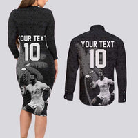 Custom Fiji Rugby Pacific Champions 2024 Couples Matching Long Sleeve Bodycon Dress and Long Sleeve Button Shirt Anniversary 7 Titles - Fijians Rugby and Tapa Hibiscus Black Art LT03 - Polynesian Pride