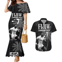 Custom Fiji Rugby Pacific Champions 2024 Couples Matching Mermaid Dress and Hawaiian Shirt Anniversary 7 Titles - Fijians Rugby and Tapa Hibiscus Black Art LT03 Black - Polynesian Pride