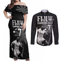 Custom Fiji Rugby Pacific Champions 2024 Couples Matching Off Shoulder Maxi Dress and Long Sleeve Button Shirt Anniversary 7 Titles - Fijians Rugby and Tapa Hibiscus Black Art LT03 Black - Polynesian Pride