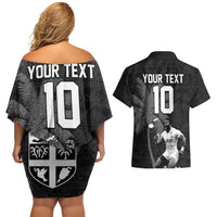 Custom Fiji Rugby Pacific Champions 2024 Couples Matching Off Shoulder Short Dress and Hawaiian Shirt Anniversary 7 Titles - Fijians Rugby and Tapa Hibiscus Black Art LT03 - Polynesian Pride