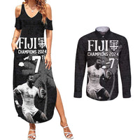 Custom Fiji Rugby Pacific Champions 2024 Couples Matching Summer Maxi Dress and Long Sleeve Button Shirt Anniversary 7 Titles - Fijians Rugby and Tapa Hibiscus Black Art LT03 Black - Polynesian Pride