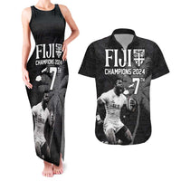 Custom Fiji Rugby Pacific Champions 2024 Couples Matching Tank Maxi Dress and Hawaiian Shirt Anniversary 7 Titles - Fijians Rugby and Tapa Hibiscus Black Art LT03 Black - Polynesian Pride
