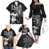 Custom Fiji Rugby Pacific Champions 2024 Family Matching Off The Shoulder Long Sleeve Dress and Hawaiian Shirt Anniversary 7 Titles - Fijians Rugby and Tapa Hibiscus Black Art LT03 - Polynesian Pride