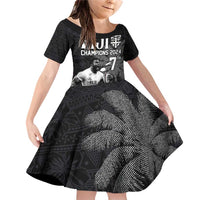 Custom Fiji Rugby Pacific Champions 2024 Family Matching Off Shoulder Short Dress and Hawaiian Shirt Anniversary 7 Titles - Fijians Rugby and Tapa Hibiscus Black Art LT03 Daughter's Dress Black - Polynesian Pride