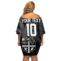 Custom Fiji Rugby Pacific Champions 2024 Family Matching Off Shoulder Short Dress and Hawaiian Shirt Anniversary 7 Titles - Fijians Rugby and Tapa Hibiscus Black Art LT03 - Polynesian Pride