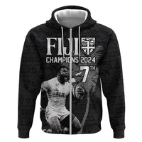 Custom Fiji Rugby Pacific Champions 2024 Hoodie Anniversary 7 Titles - Fijians Rugby and Tapa Hibiscus Black Art LT03 Zip Hoodie Black - Polynesian Pride