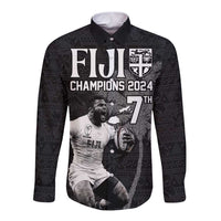 Custom Fiji Rugby Pacific Champions 2024 Long Sleeve Button Shirt Anniversary 7 Titles - Fijians Rugby and Tapa Hibiscus Black Art LT03 Unisex Black - Polynesian Pride