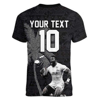 Custom Fiji Rugby Pacific Champions 2024 Women V-Neck T-Shirt Anniversary 7 Titles - Fijians Rugby and Tapa Hibiscus Black Art LT03 - Polynesian Pride