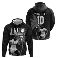Custom Fiji Rugby Pacific Champions 2024 Zip Hoodie Anniversary 7 Titles - Fijians Rugby and Tapa Hibiscus Black Art LT03 - Polynesian Pride