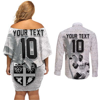 Custom Fiji Rugby Pacific Champions 2024 Couples Matching Off Shoulder Short Dress and Long Sleeve Button Shirt Anniversary 7 Titles - Fijians Rugby and Tapa Hibiscus White Art LT03 - Polynesian Pride