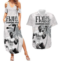 Custom Fiji Rugby Pacific Champions 2024 Couples Matching Summer Maxi Dress and Hawaiian Shirt Anniversary 7 Titles - Fijians Rugby and Tapa Hibiscus White Art LT03 White - Polynesian Pride