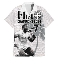 Custom Fiji Rugby Pacific Champions 2024 Family Matching Mermaid Dress and Hawaiian Shirt Anniversary 7 Titles - Fijians Rugby and Tapa Hibiscus White Art LT03 Dad's Shirt - Short Sleeve White - Polynesian Pride
