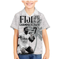 Custom Fiji Rugby Pacific Champions 2024 Family Matching Mermaid Dress and Hawaiian Shirt Anniversary 7 Titles - Fijians Rugby and Tapa Hibiscus White Art LT03 Son's Shirt White - Polynesian Pride