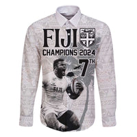 Custom Fiji Rugby Pacific Champions 2024 Family Matching Off The Shoulder Long Sleeve Dress and Hawaiian Shirt Anniversary 7 Titles - Fijians Rugby and Tapa Hibiscus White Art LT03 Dad's Shirt - Long Sleeve White - Polynesian Pride