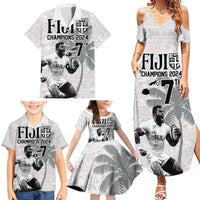 Custom Fiji Rugby Pacific Champions 2024 Family Matching Summer Maxi Dress and Hawaiian Shirt Anniversary 7 Titles - Fijians Rugby and Tapa Hibiscus White Art LT03 - Polynesian Pride