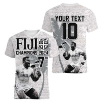 Custom Fiji Rugby Pacific Champions 2024 Women V-Neck T-Shirt Anniversary 7 Titles - Fijians Rugby and Tapa Hibiscus White Art