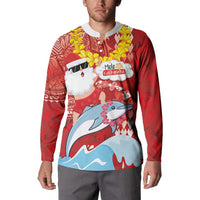 Hawaiian Mele Kalikimaka Button Sweatshirt Funny Santa Riding Lei Dolphin with Kakau Tattoos - Polynesian Pride