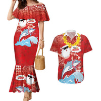 Hawaiian Mele Kalikimaka Couples Matching Mermaid Dress and Hawaiian Shirt Funny Santa Riding Lei Dolphin with Kakau Tattoos LT03 Red - Polynesian Pride