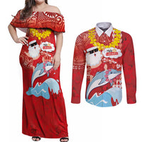 Hawaiian Mele Kalikimaka Couples Matching Off Shoulder Maxi Dress and Long Sleeve Button Shirt Funny Santa Riding Lei Dolphin with Kakau Tattoos LT03 Red - Polynesian Pride