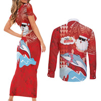Hawaiian Mele Kalikimaka Couples Matching Short Sleeve Bodycon Dress and Long Sleeve Button Shirt Funny Santa Riding Lei Dolphin with Kakau Tattoos LT03 - Polynesian Pride