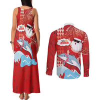 Hawaiian Mele Kalikimaka Couples Matching Tank Maxi Dress and Long Sleeve Button Shirt Funny Santa Riding Lei Dolphin with Kakau Tattoos LT03 - Polynesian Pride