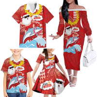 Hawaiian Mele Kalikimaka Family Matching Off The Shoulder Long Sleeve Dress and Hawaiian Shirt Funny Santa Riding Lei Dolphin with Kakau Tattoos LT03 - Polynesian Pride