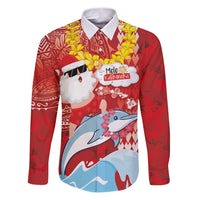 Hawaiian Mele Kalikimaka Family Matching Puletasi and Hawaiian Shirt Funny Santa Riding Lei Dolphin with Kakau Tattoos LT03 Dad's Shirt - Long Sleeve Red - Polynesian Pride