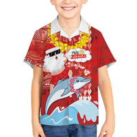 Hawaiian Mele Kalikimaka Family Matching Summer Maxi Dress and Hawaiian Shirt Funny Santa Riding Lei Dolphin with Kakau Tattoos LT03 Son's Shirt Red - Polynesian Pride