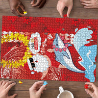 Hawaiian Mele Kalikimaka Puzzle Funny Santa Riding Lei Dolphin with Kakau Tattoos - Polynesian Pride