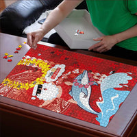 Hawaiian Mele Kalikimaka Puzzle Funny Santa Riding Lei Dolphin with Kakau Tattoos - Polynesian Pride