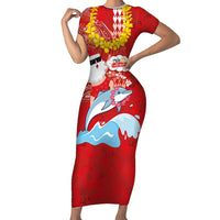 Hawaiian Mele Kalikimaka Short Sleeve Bodycon Dress Funny Santa Riding Lei Dolphin with Kakau Tattoos LT03 Long Dress Red - Polynesian Pride