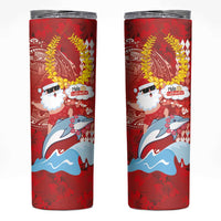 Hawaiian Mele Kalikimaka Skinny Tumbler Funny Santa Riding Lei Dolphin with Kakau Tattoos LT03 Red - Polynesian Pride