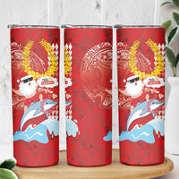 Hawaiian Mele Kalikimaka Skinny Tumbler Funny Santa Riding Lei Dolphin with Kakau Tattoos LT03 - Polynesian Pride