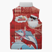 Hawaiian Mele Kalikimaka Sleeveless Puffer Jacket Funny Santa Riding Lei Dolphin with Kakau Tattoos - Polynesian Pride